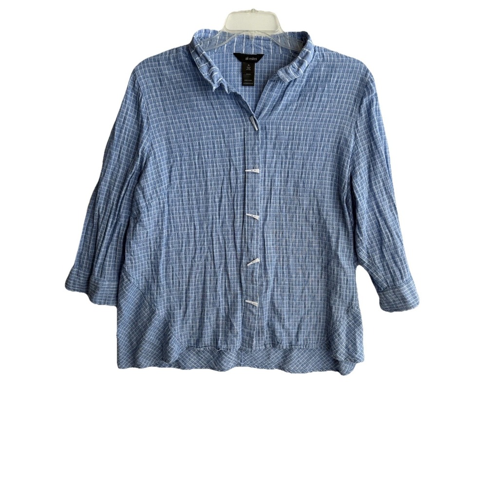 Ali Miles Blue Grid Print‎ Button Front Tunic Top Womens Size XL Artsy Lagenlook